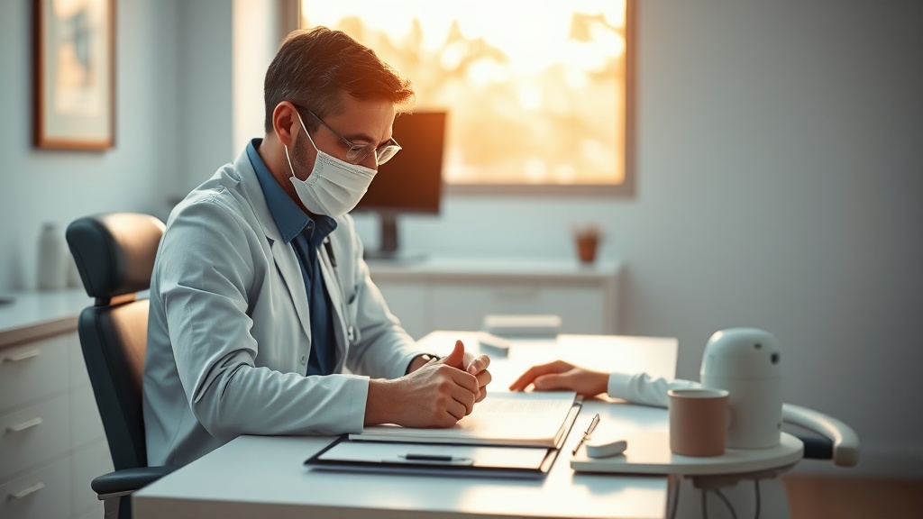 A dentist reviewing notes with a patient at a calm consultation desk, representing a medical work-up for chronic dry mouth