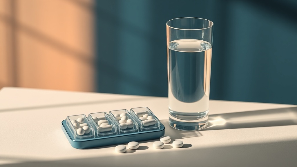 A weekly pill organizer beside a glass of water, illustrating medication as the leading cause of chronic dry mouth