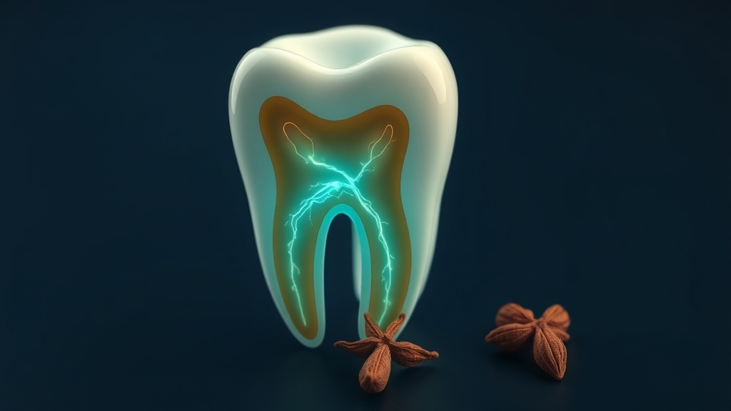 Conceptual illustration of eugenol molecules calming a tooth pain nerve