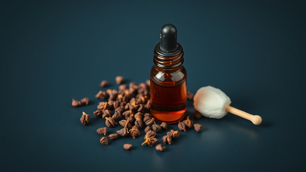 Dried clove buds beside a small bottle of oil and a cotton bud