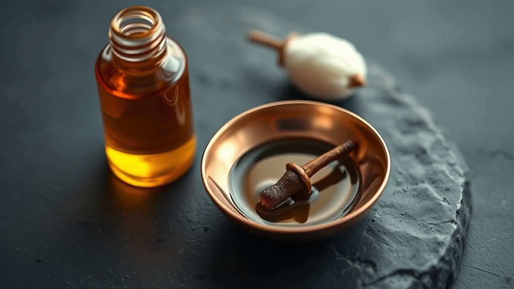 A small bottle of clove oil beside cotton buds and a neutral carrier oil on a calm surface