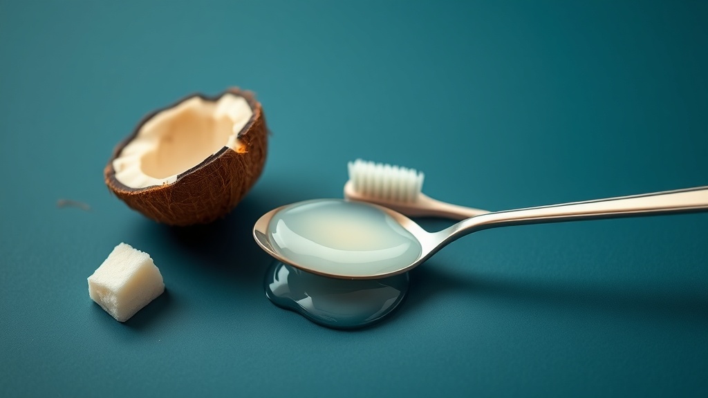 A spoon of coconut oil beside a toothbrush and water glass