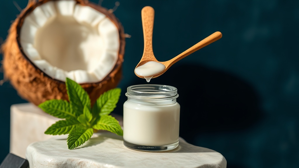 Jar of coconut oil with a wooden spoon and fresh coconut