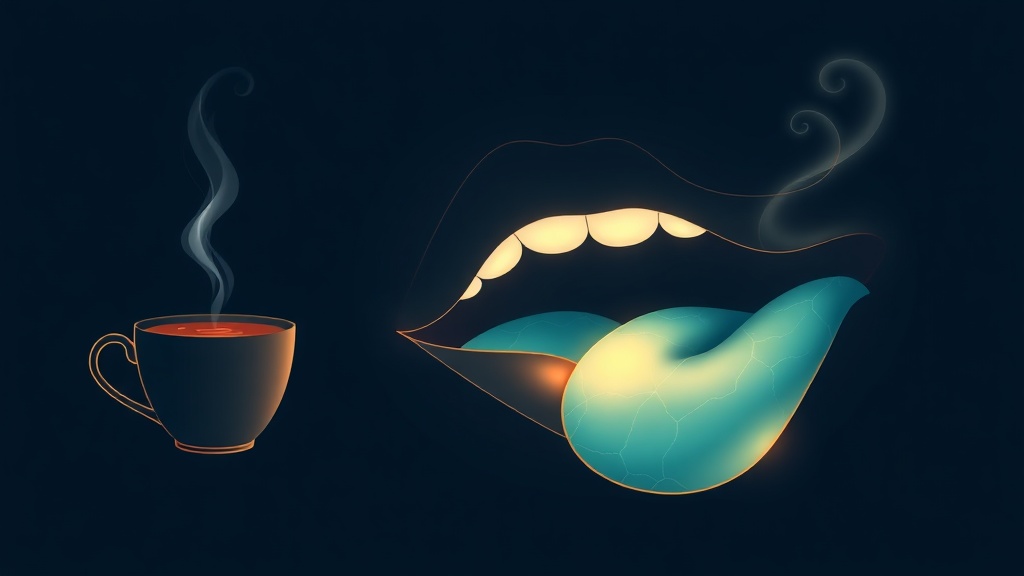 Conceptual illustration of a coffee cup, a drying mouth and sulfur vapour rising from the tongue