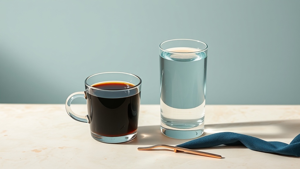A calm still-life of a coffee cup beside a glass of water and a copper tongue scraper