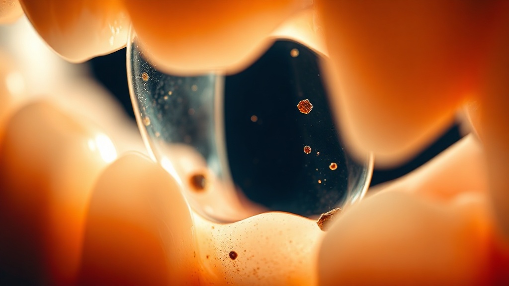 Macro view of dark coffee pigment particles settling into the thin pellicle film on an enamel surface