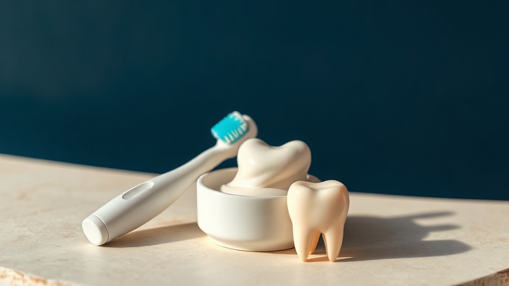 Electric toothbrush head beside a small dish of baking soda paste and a bright tooth model on cream stone