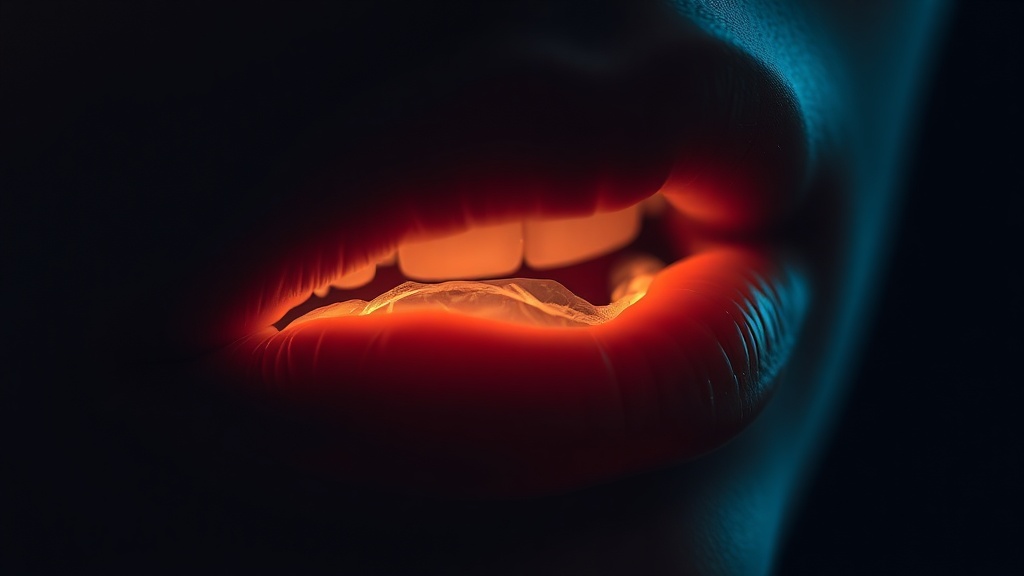 Conceptual close-up of a thinning film of moisture receding from a warm mouth surface
