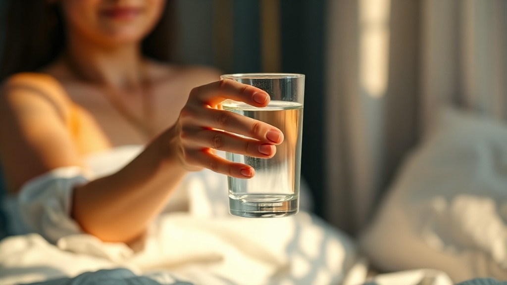 A calm person at a bedside lifting a plain glass of water to sip in warm low light