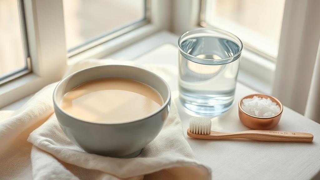 Calm still-life of soft foods and warm salt water for recovery after a deep clean