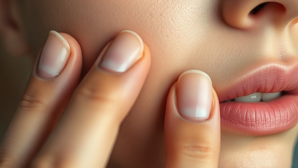 Close-up of fingertips pressing gently on the masseter muscle at the corner of a relaxed jaw