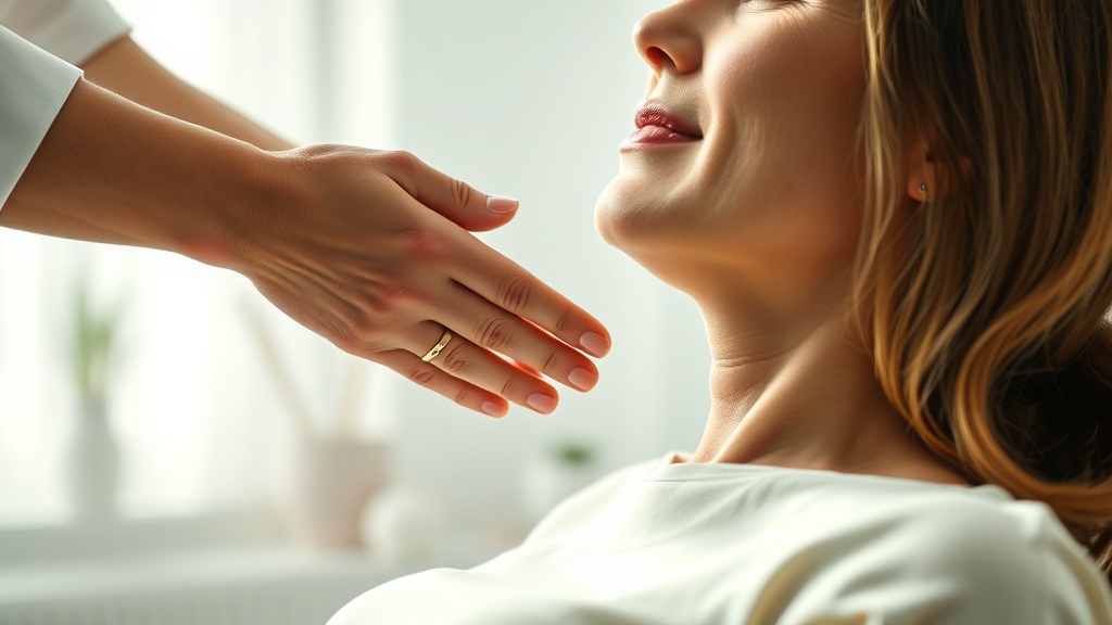 A physical therapist gently supporting a seated client's relaxed jaw during hands-on manual therapy