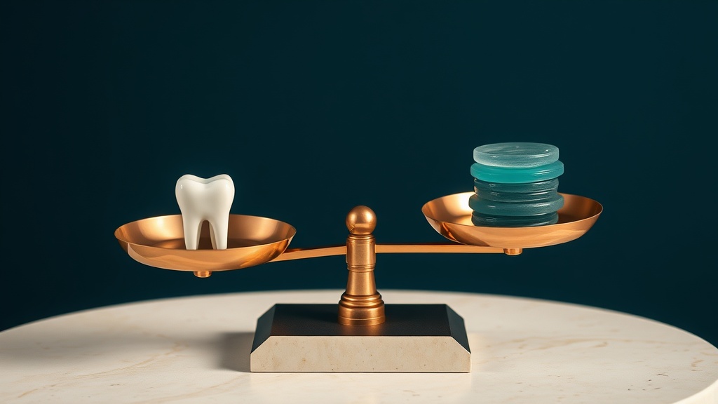 A copper balance scale weighing a single restored tooth against abstract stacked discs