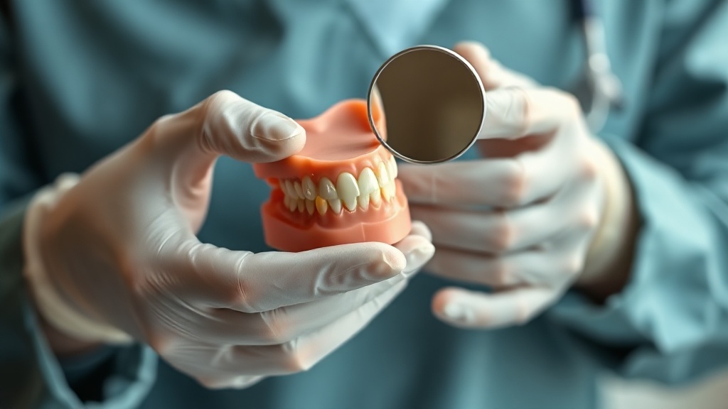 A dentist's gloved hands holding a model of a child's jaw at a calm check-up