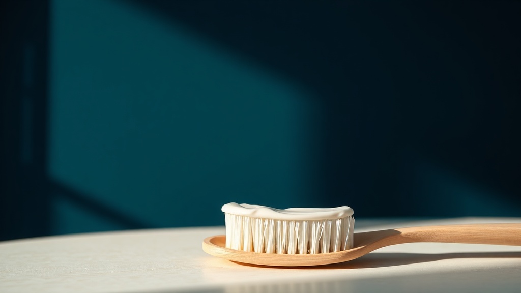 Close-up of a toothpaste tube ingredient area with a soft-bristled brush