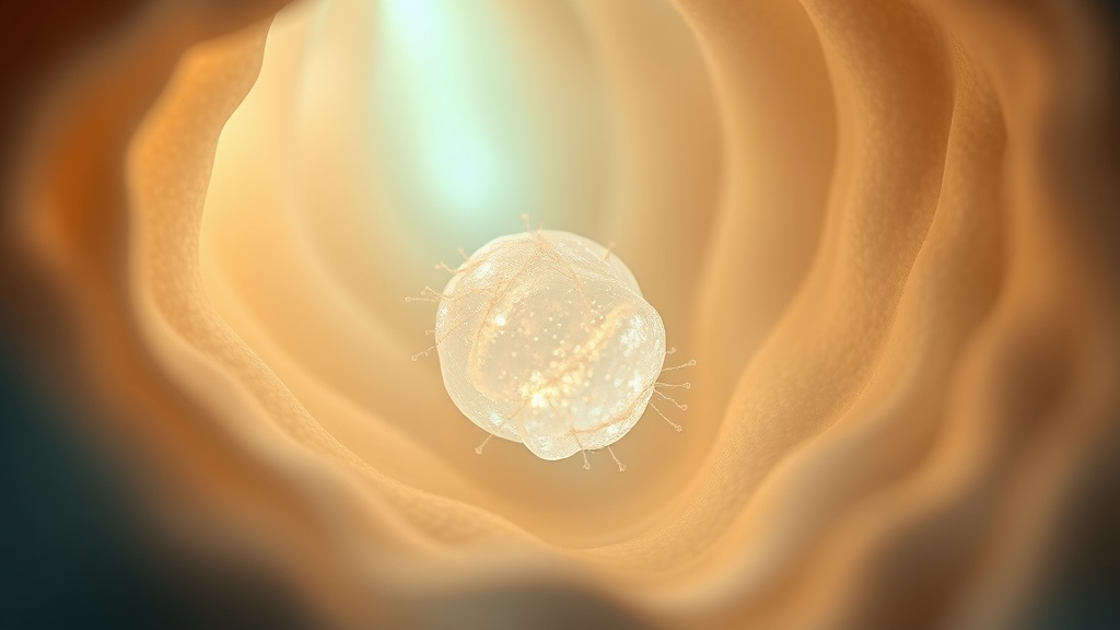 A luminous cross-section concept of a tonsillar crypt cradling a pale, pearl-like concretion held together by delicate glowing filaments of biofilm.