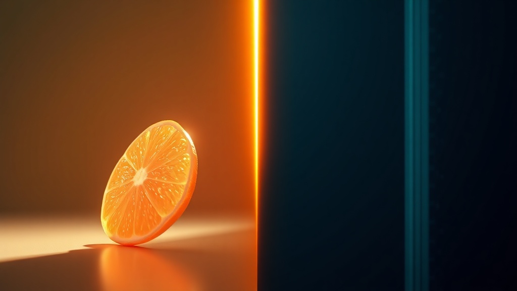 A conceptual diptych: a grapefruit seed glowing warmly on one side, and the same seed under cool analytical light on the other.