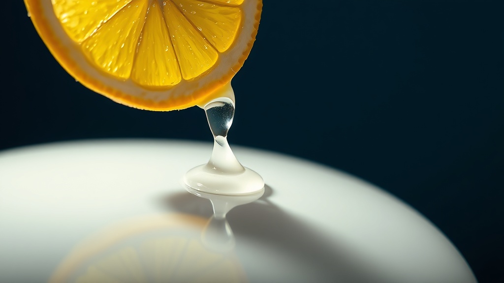A lemon wedge dripping juice onto a glossy white surface, illustrating acid etching of enamel