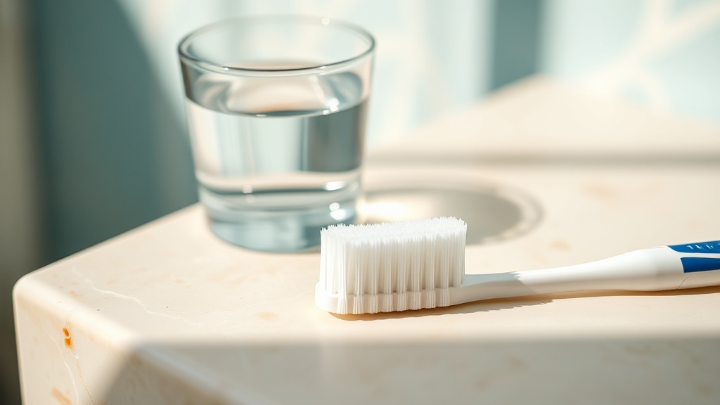 A soft toothbrush beside a glass of water in soft daylight, the safe low-abrasion alternative