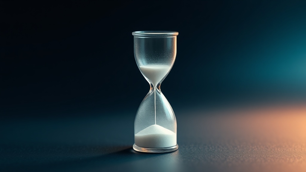 A calm hourglass beside a soft arc of water, suggesting patience gently supported