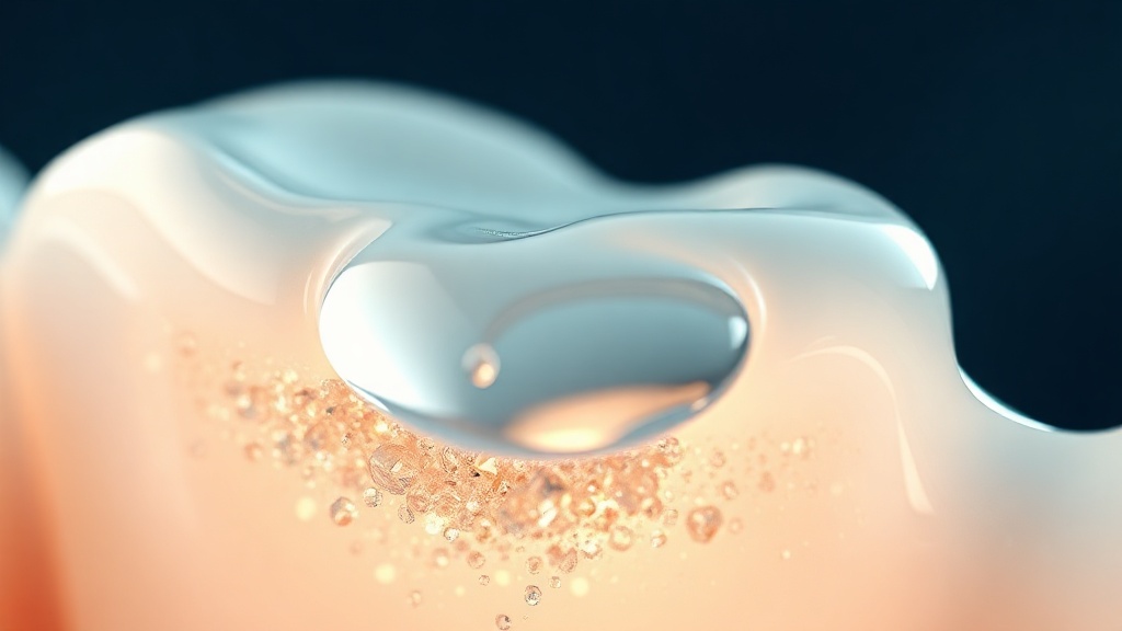 Mineral crystals rebuilding a glossy enamel surface bathed in a clear droplet of saliva
