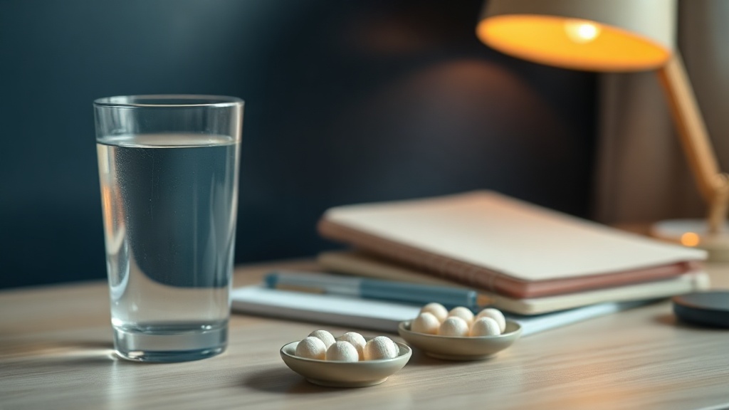 A calm desk with water and sugar-free lozenges for managing stress-related dry mouth