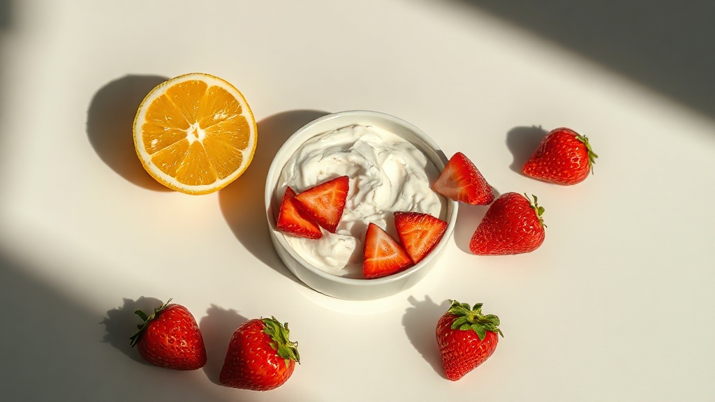 A dish of baking soda paste mixed with crushed strawberries beside a cut lemon, a DIY mix to avoid