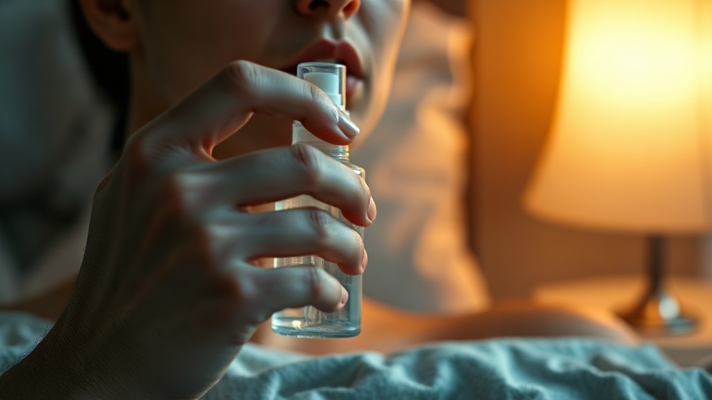 A hand holding an unbranded frosted spray bottle near the mouth at bedside in warm lamplight