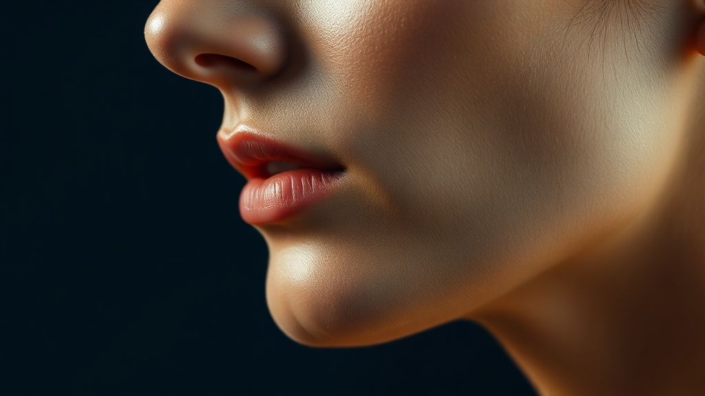 Serene close portrait of a calm adult lower face in soft profile
