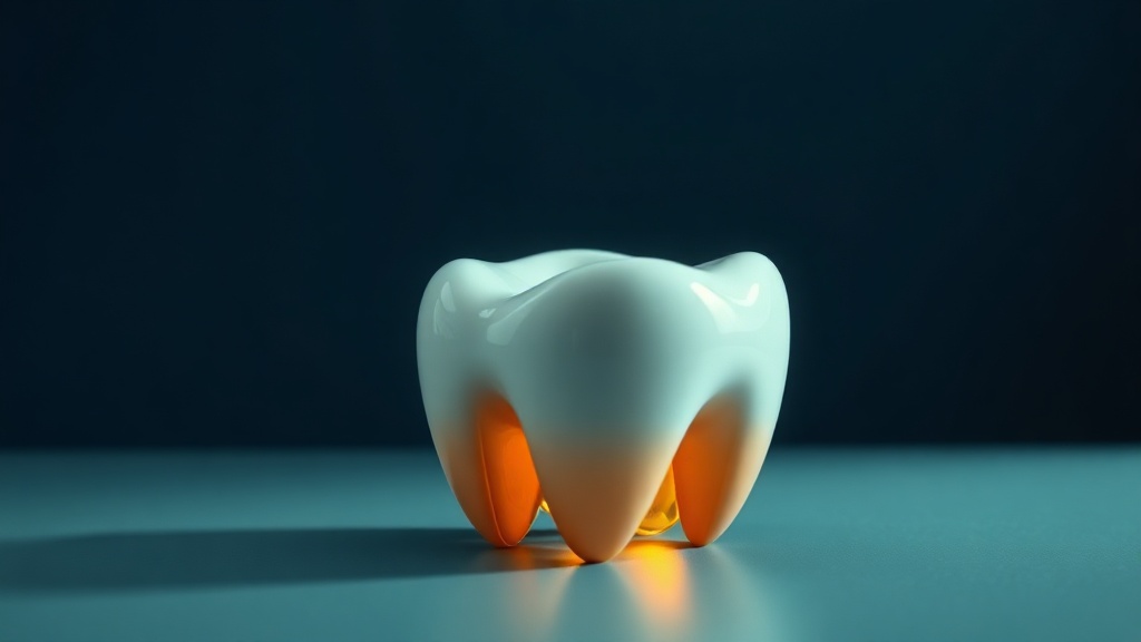 A glossy tooth-shaped form with a film of golden oil sliding off, the tooth unchanged beneath