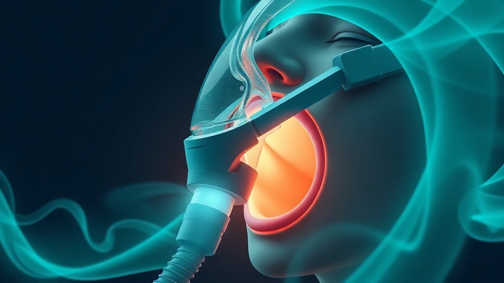 Conceptual illustration of pressurised air escaping around a CPAP mask and drying an open mouth