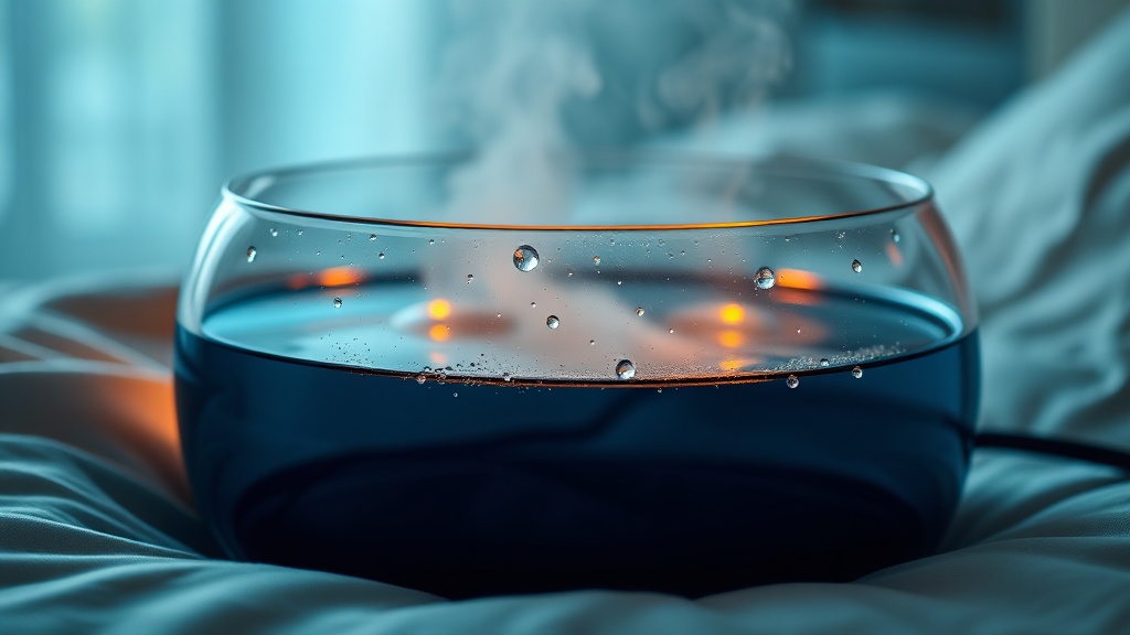 A heated CPAP humidifier water chamber glowing warmly with rising mist and condensation