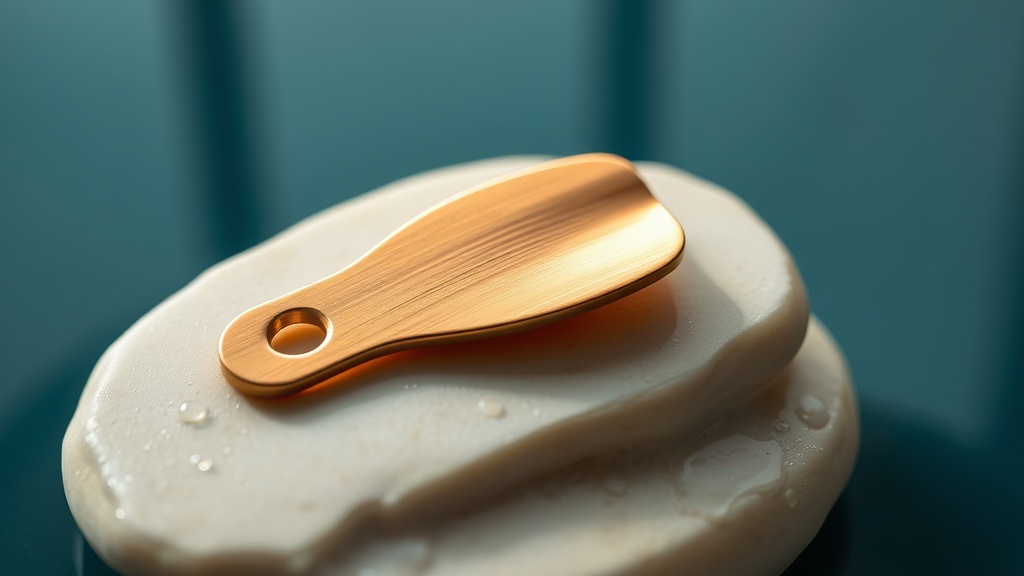 Copper tongue scraper representing cleaning the back of the tongue to reduce odour bacteria