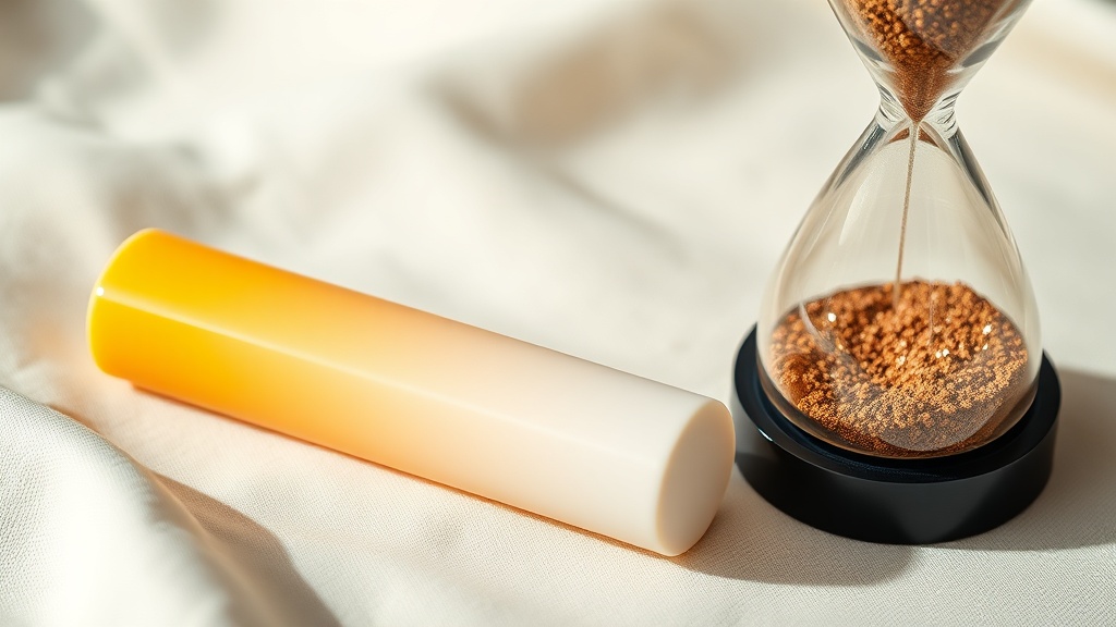A color gradient bar shading from yellow to white beside an hourglass, suggesting a whitening result fading over time