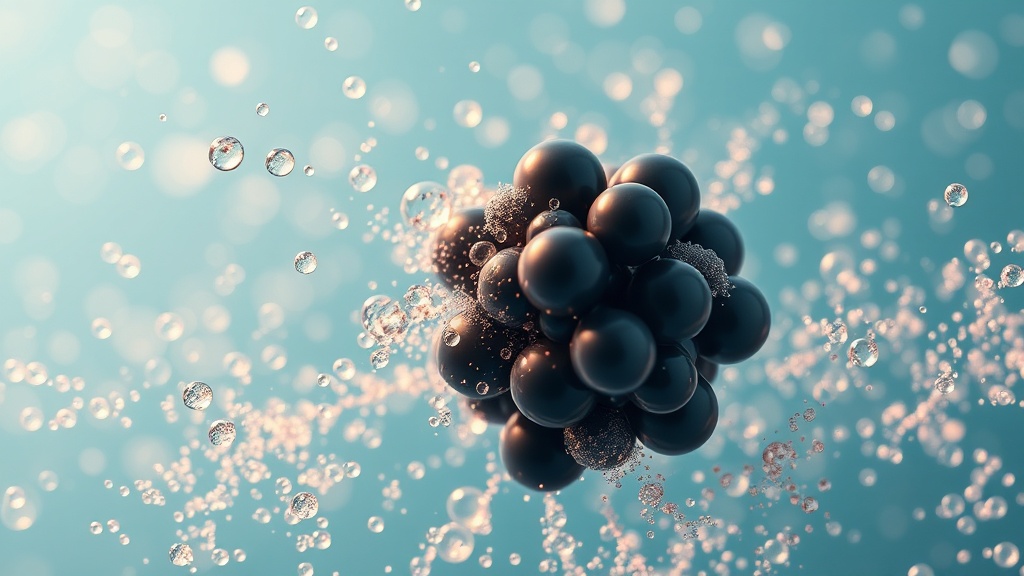 Oxygen bubbles breaking a dark stain molecule apart into pale scattered fragments