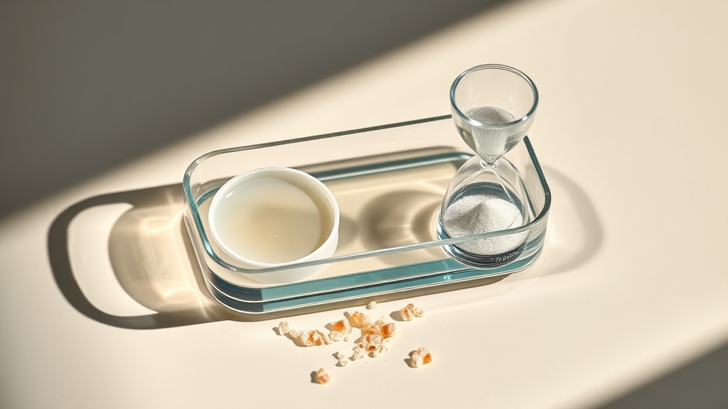 A whitening tray of clear gel beside an hourglass and soft mineral crystals on a cream surface