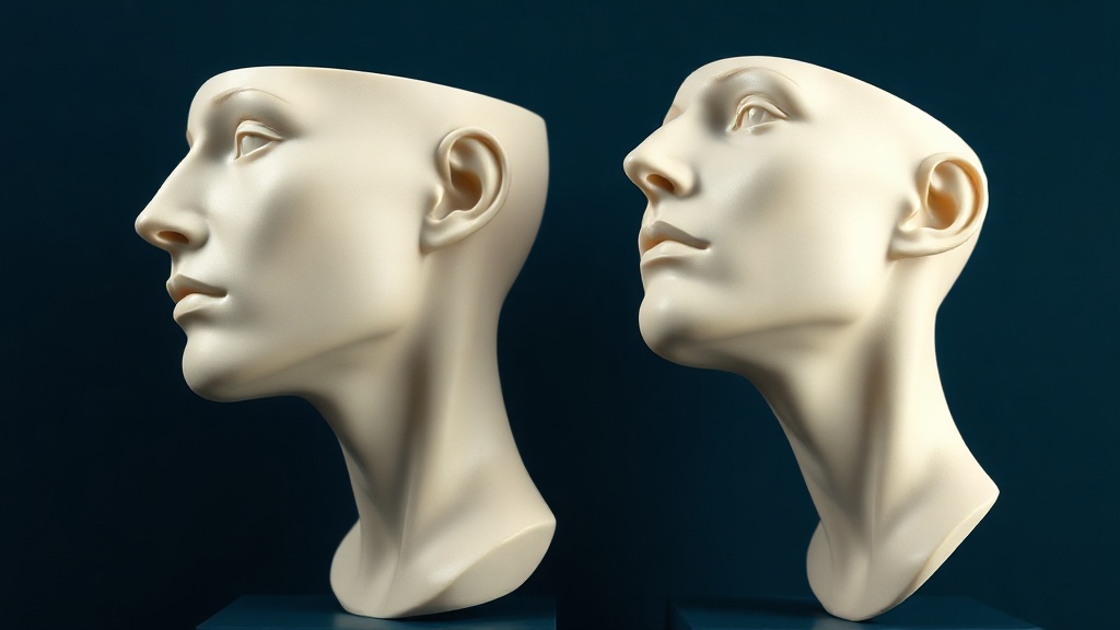Two pale sculptural busts of a lower face and jaw side by side, one slim and tapered and one wider and squarer
