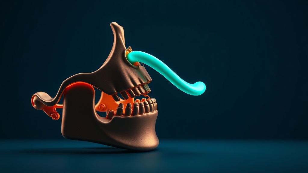 Conceptual render of a soft tongue resting against a solid, immovable adult jawbone
