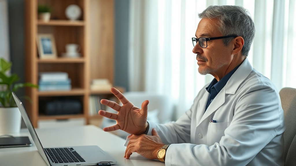 A calm adult discussing sleep with a clinician and holding a small home sleep-test sensor