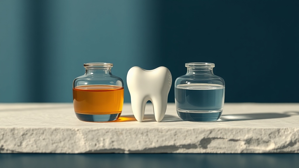 Two glass vessels, one of golden coconut oil and one of clear whitening gel, with a pale tooth model between them