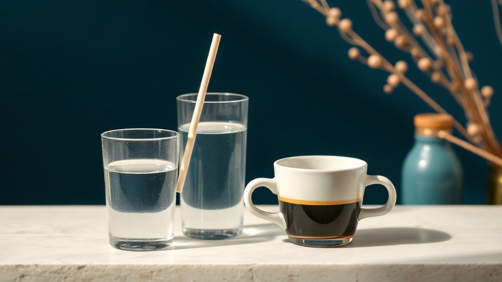A glass of water beside a cup of dark coffee with a paper straw and a small sand timer on a cream surface