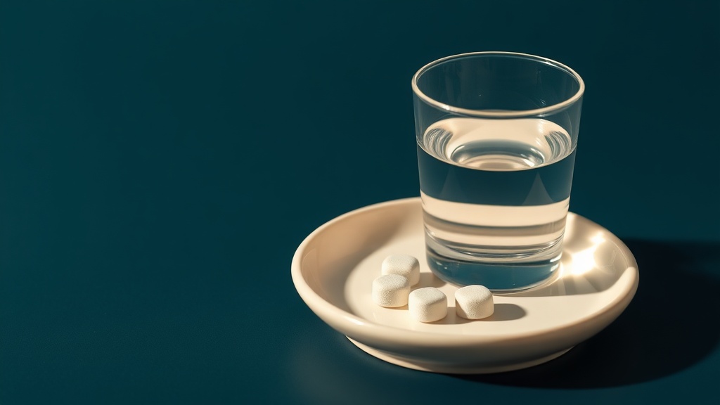 Sugar-free gum pieces and a glass of water on a calm cream surface