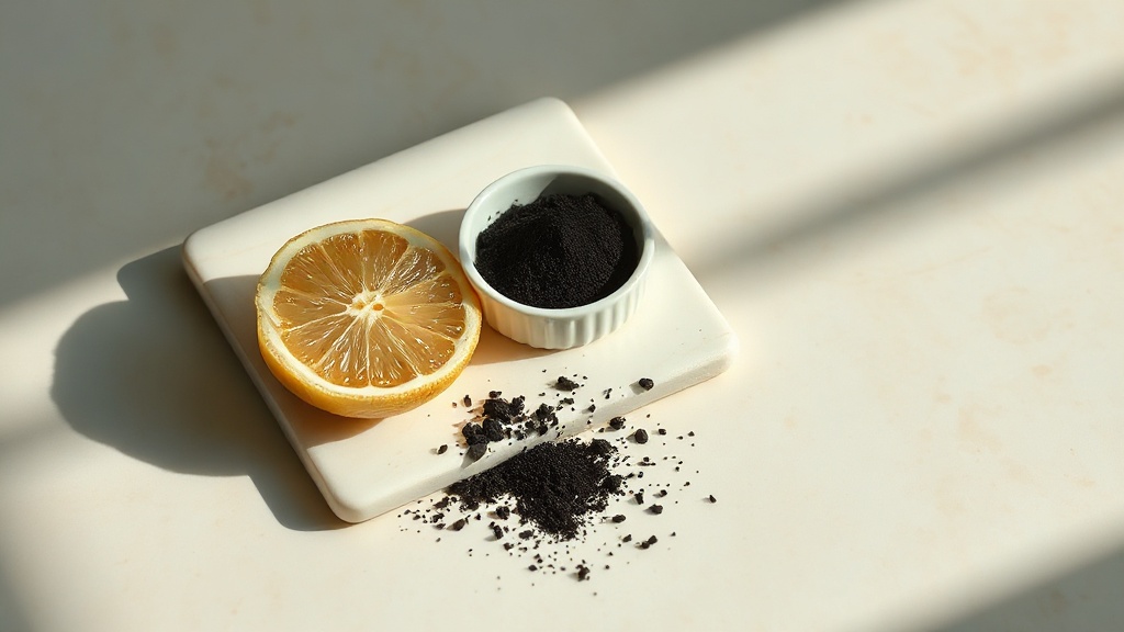 A cut lemon and a dish of charcoal powder on a stone slab, representing acidic and abrasive DIY whitening