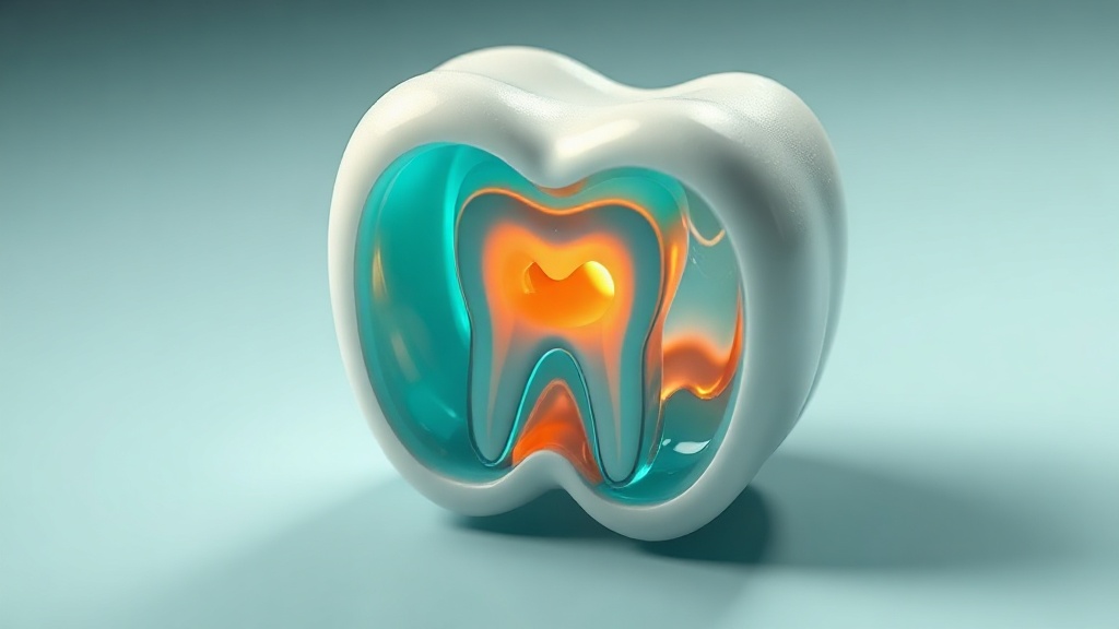 Conceptual cross-section of a tooth with whitening gel on the surface and a warm glow at the nerve core