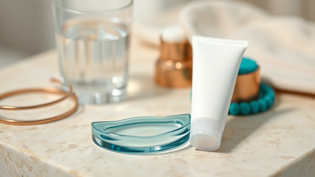 A slim clear whitening tray and a plain mineral toothpaste tube beside a glass of water on a calm cream surface