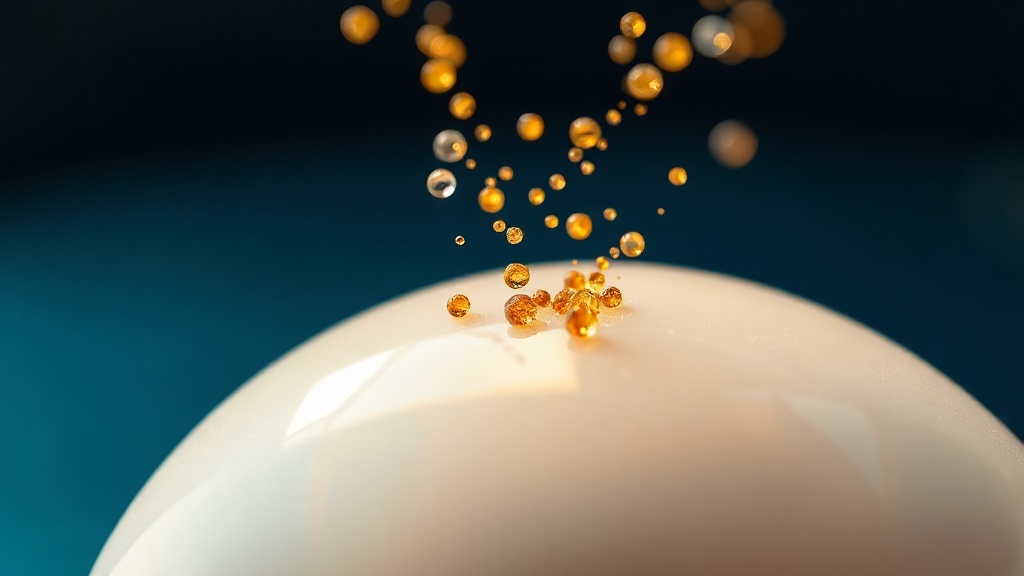 Conceptual macro of golden pigment particles settling onto the thin film over an enamel surface
