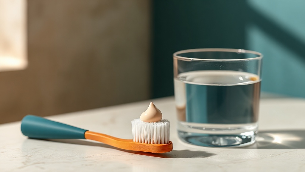 A soft toothbrush with a pea of paste beside a glass of water, gently rinsing away a golden tint