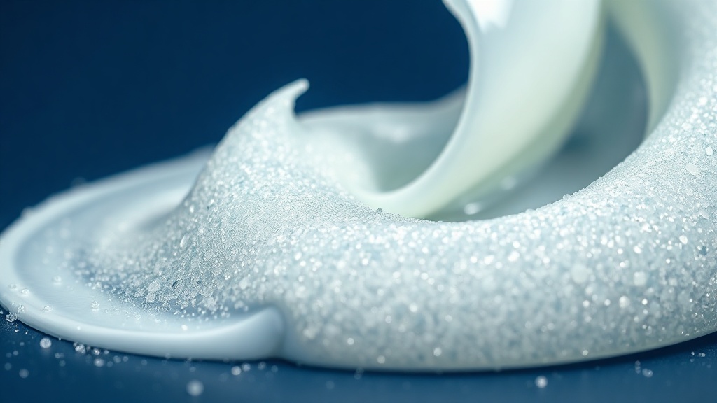 Close-up of white toothpaste gel showing fine silica abrasive micro-granules catching the light