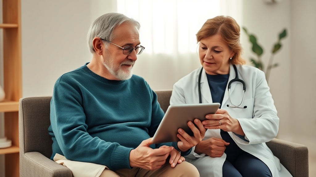 An older adult and a doctor reviewing a blood-sugar log together in a clinic