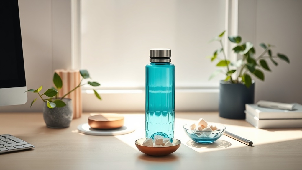 A water bottle and a small dish of sugar-free gum on a bright desk